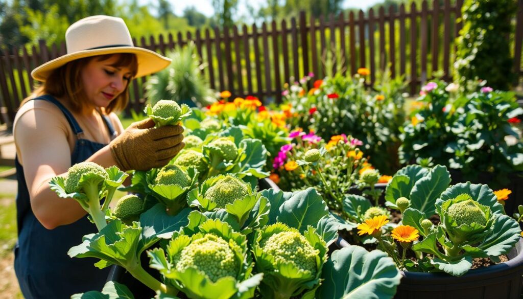 harvesting broccoli in containers